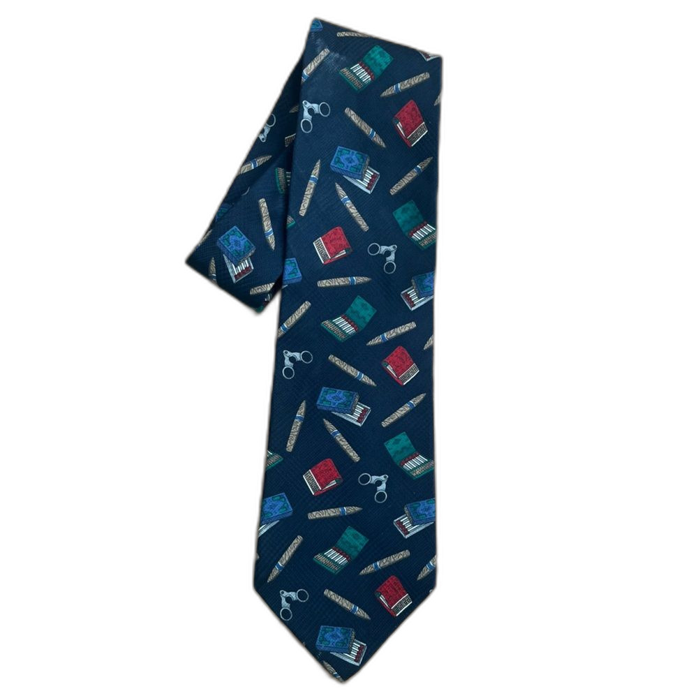 Vintage Resilio Cigar Themed Silk Tie Navy Blue